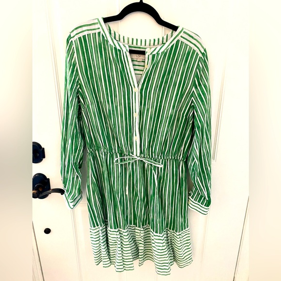 Loft Striped Tab Sleeve Button Flounce Dress - Picture 3 of 7